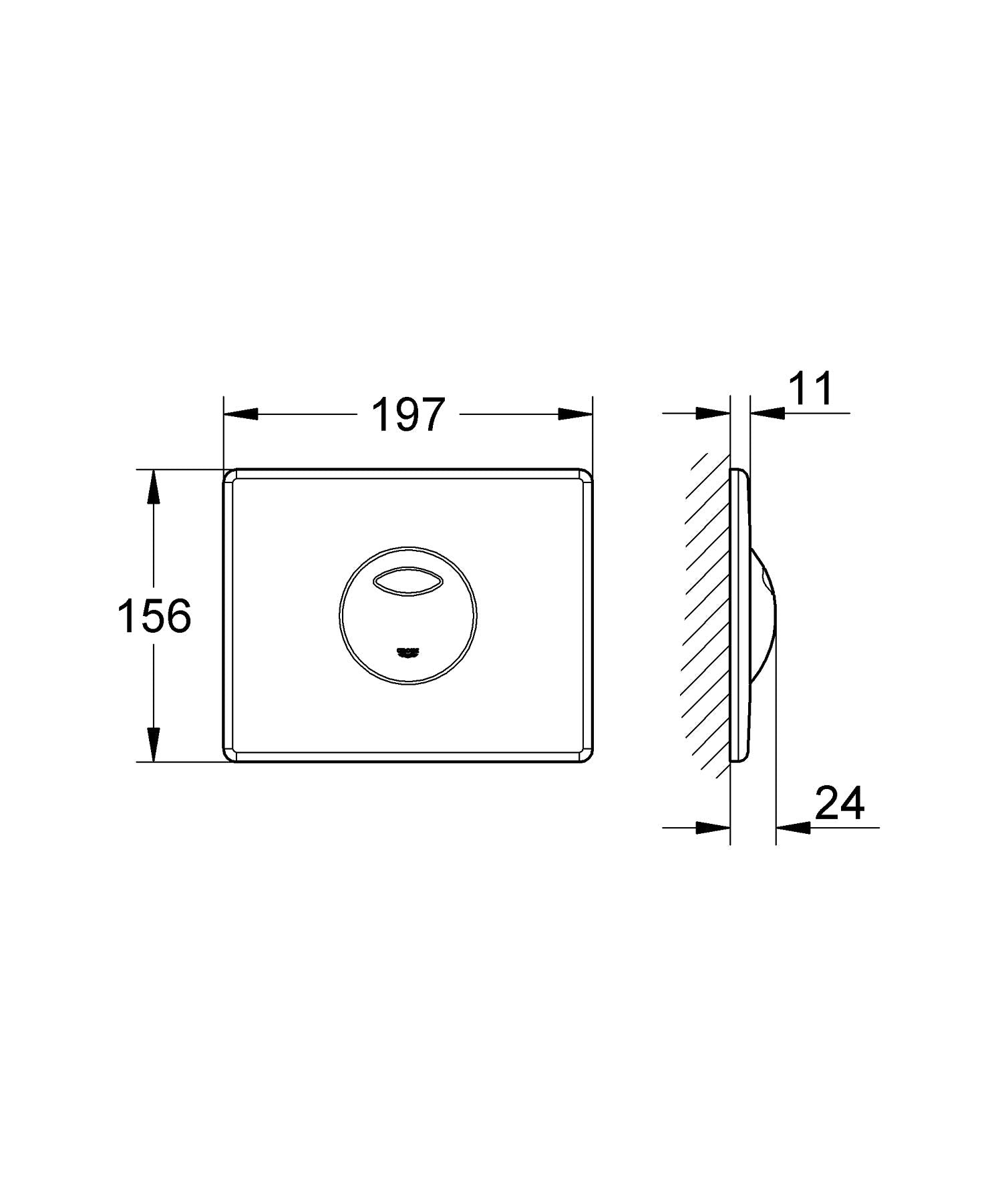 Rectangular chrome wall plate with circular center opening and dimension measurements shown in front and side views.