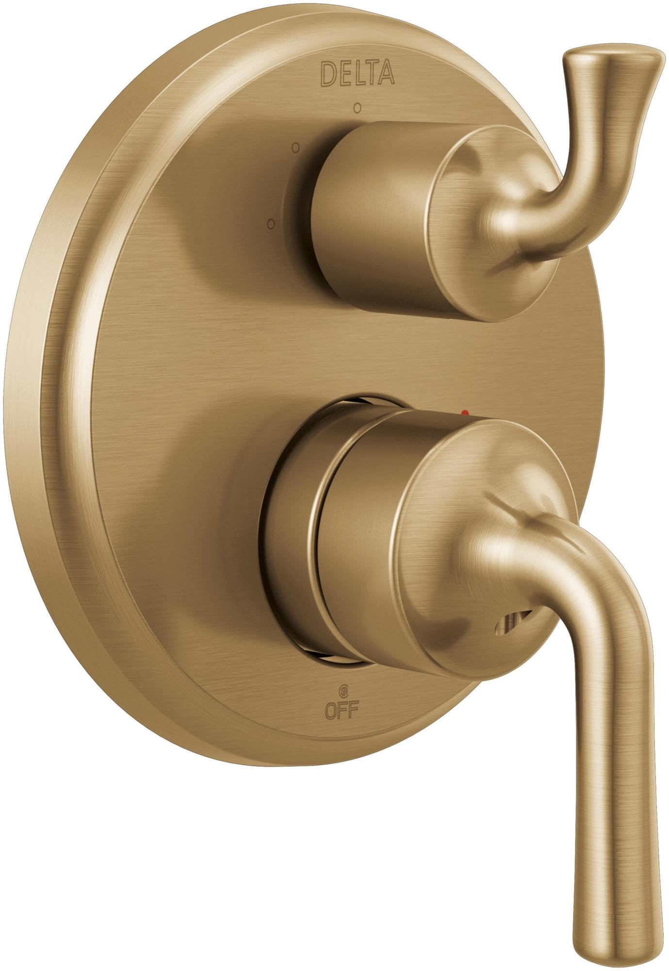 Champagne bronze two-handle shower valve trim with integrated diverter and curved lever handles.
