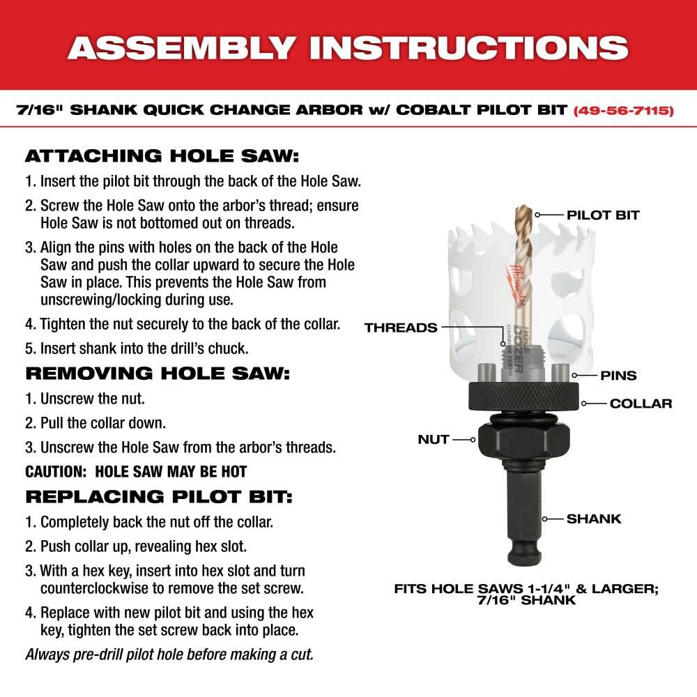 Milwaukee 3" HOLE DOZER bi-metal hole saw with 7/16" quick change arbor and cobalt pilot bit assembly instructions diagram.