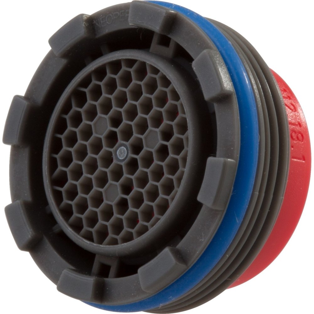 Chrome faucet aerator with black mesh screen, blue and red rubber rings, and threaded connection base.