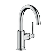 Chrome single-handle bar faucet with curved spout and lever control on cylindrical base.
