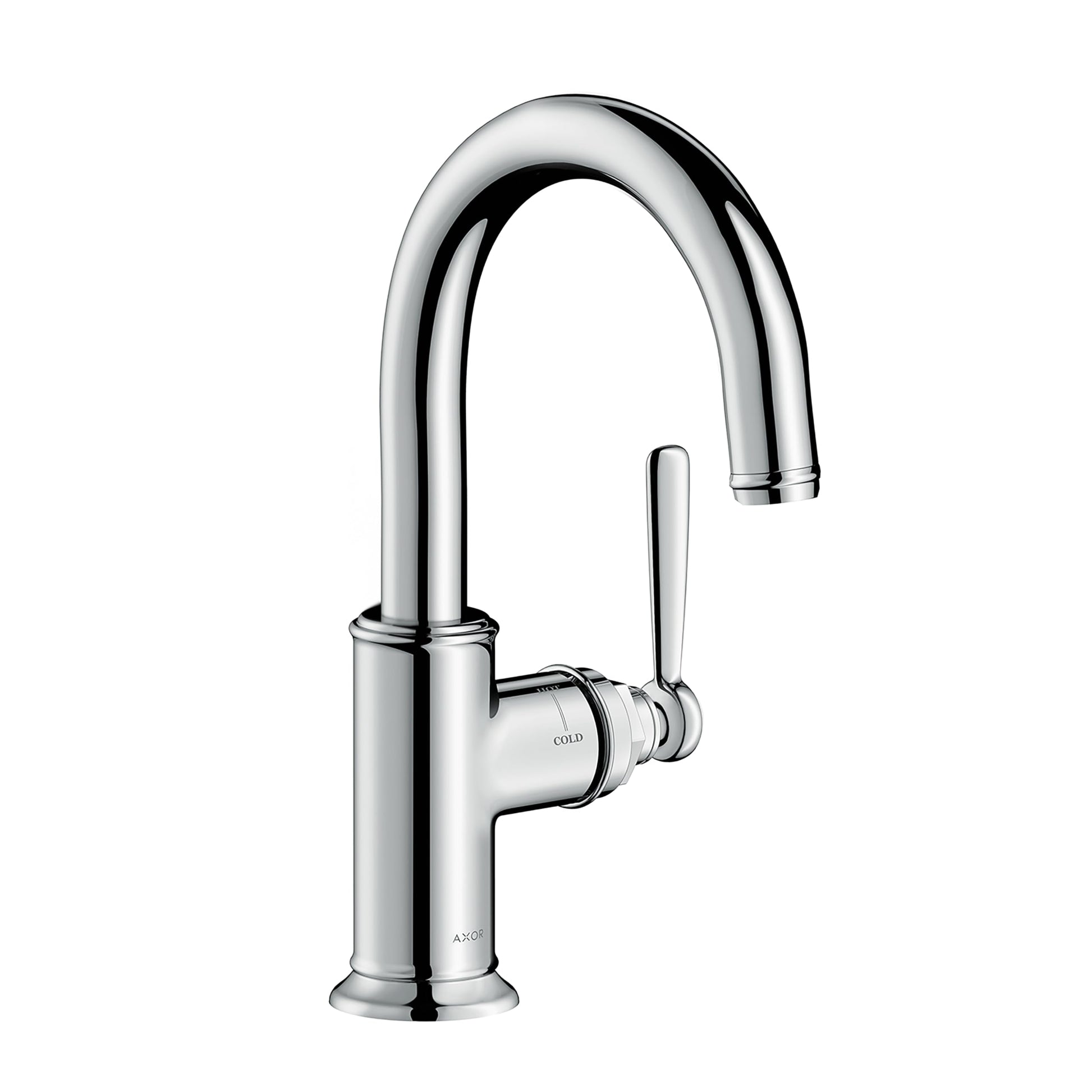 Chrome single-handle bar faucet with curved spout and lever control on cylindrical base.