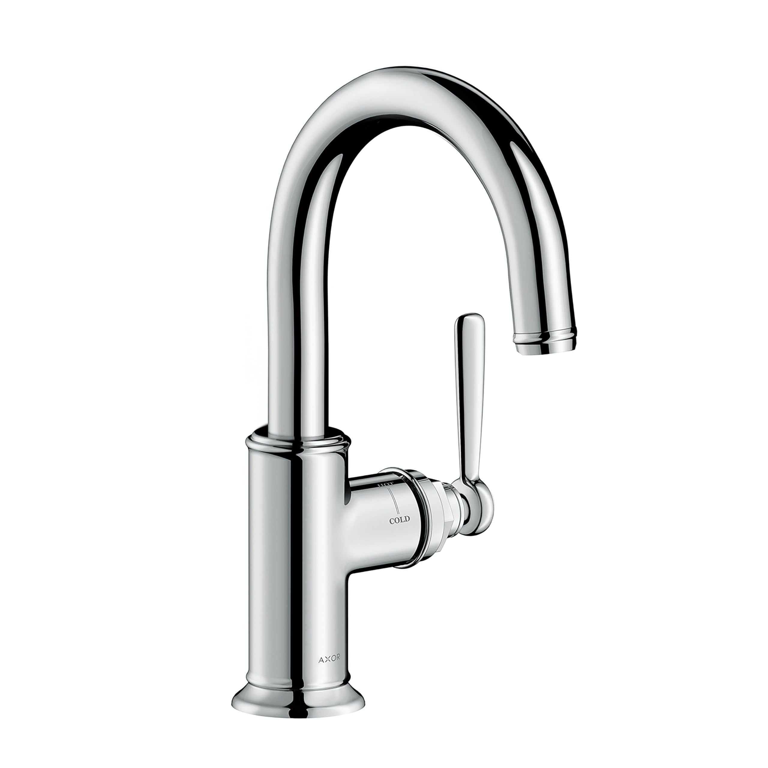 Chrome single-handle bar faucet with curved spout and lever control on cylindrical base.