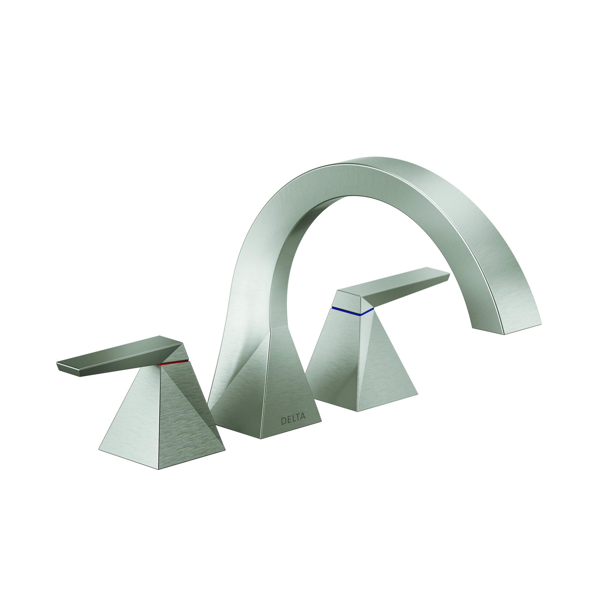 Chrome two-handle arc roman tub trim with pyramidal base handles and curved spout.