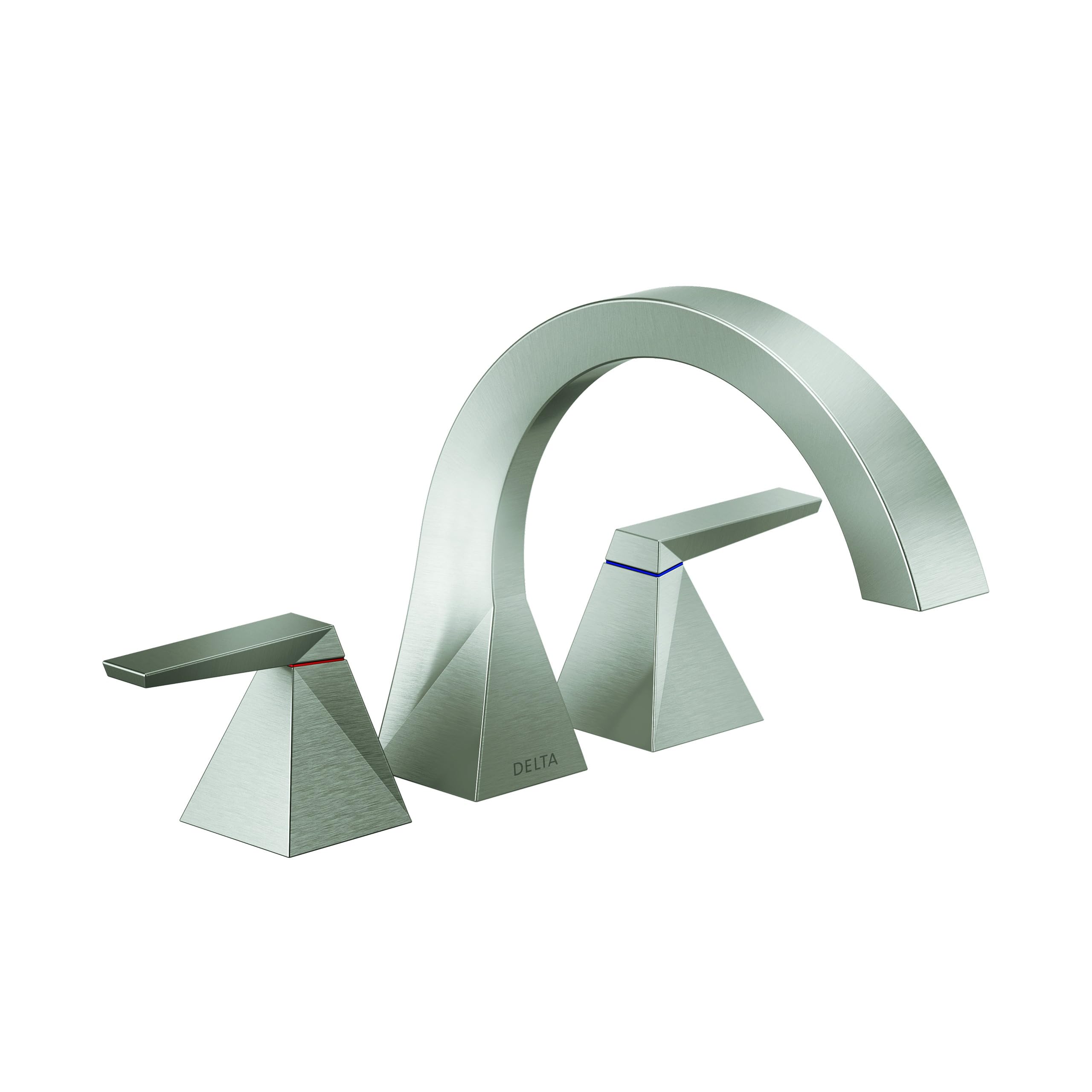 Chrome two-handle arc roman tub trim with pyramidal base handles and curved spout.