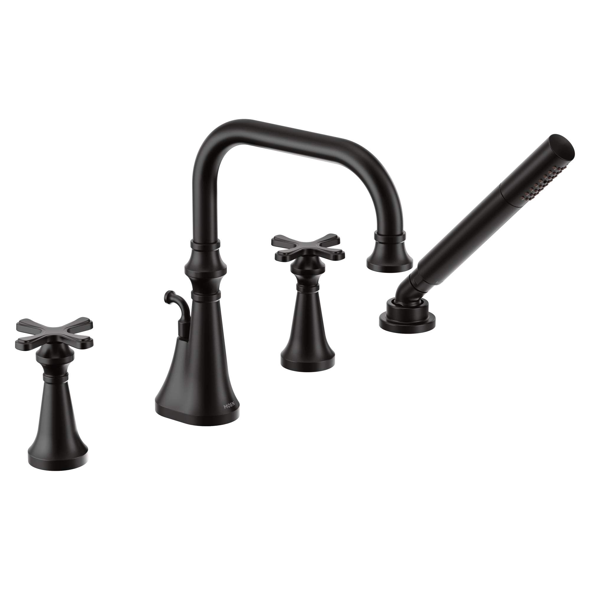 Matte black deck-mount roman tub faucet with two cross handles, arched spout, and detachable handshower.