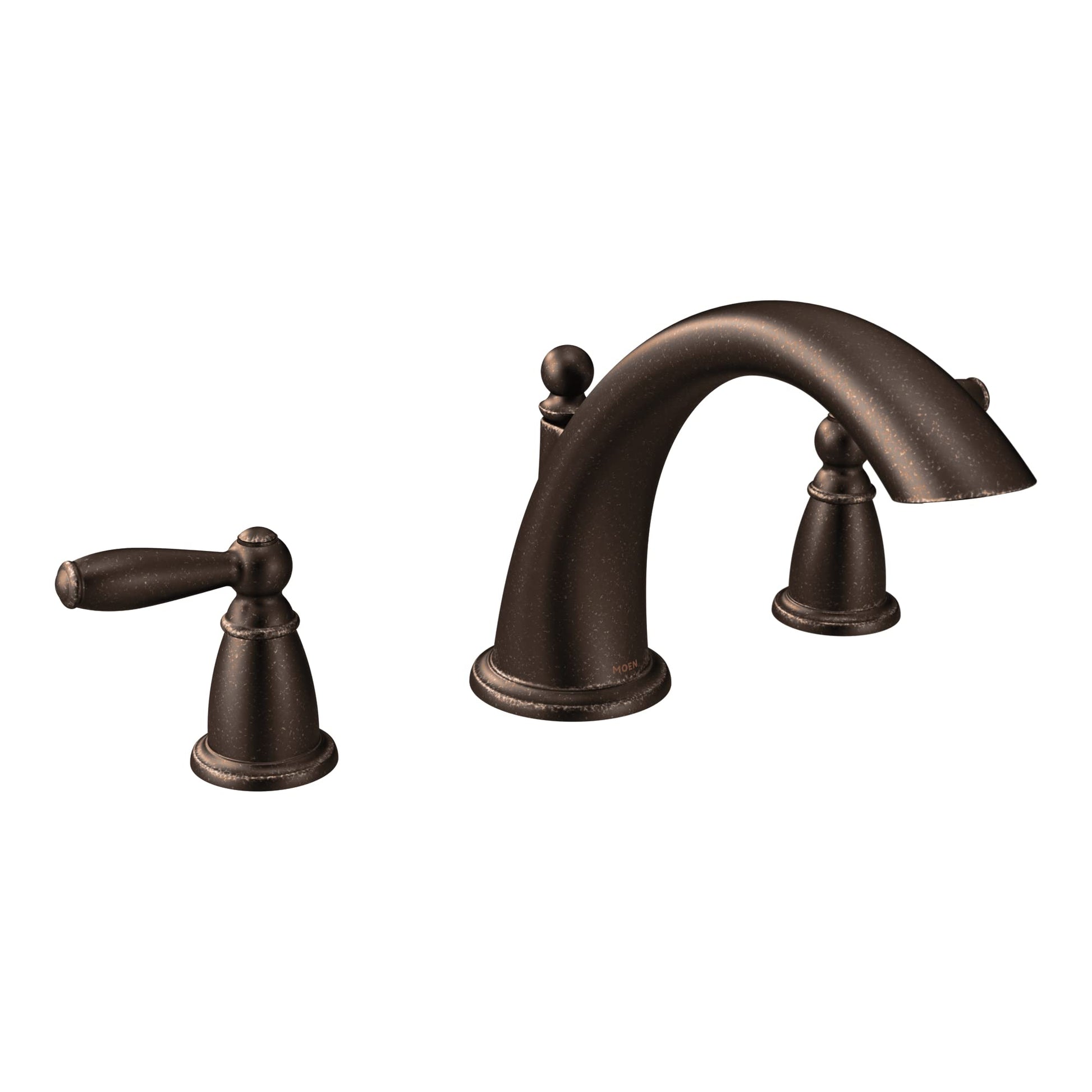 Oil rubbed bronze two-handle Roman tub faucet with curved spout and lever handles.