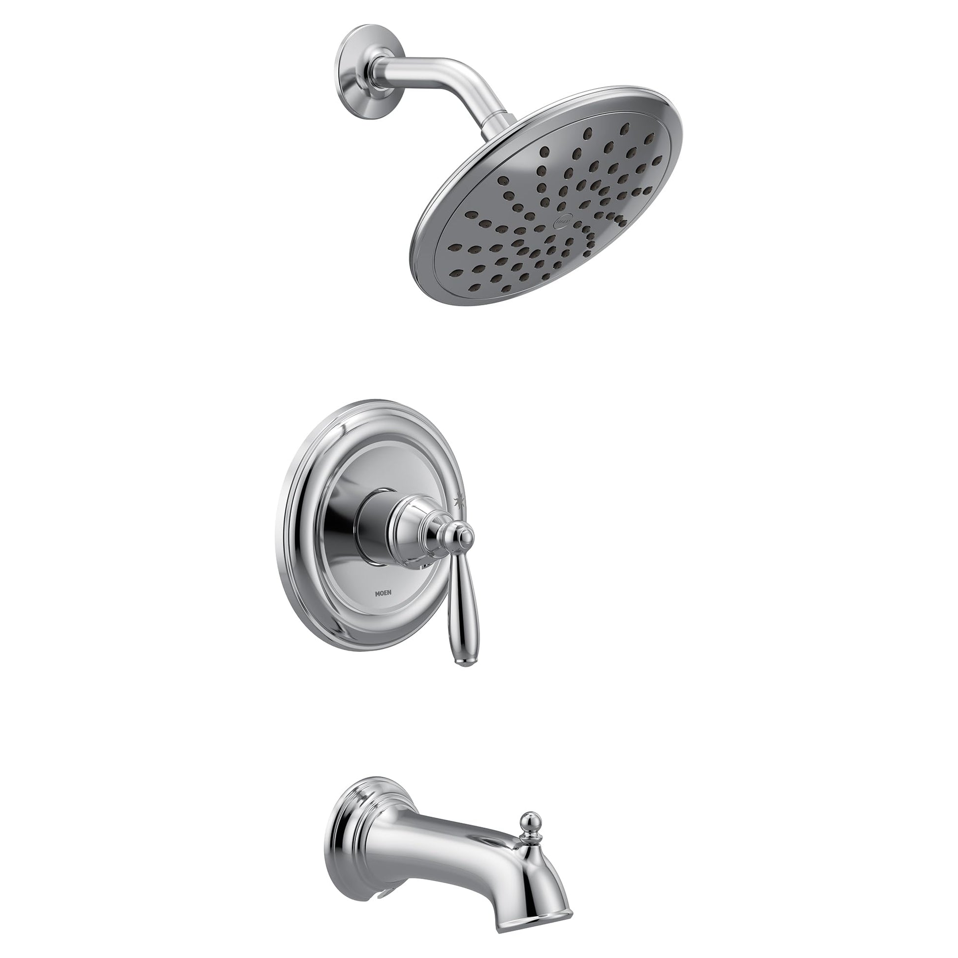 Chrome tub and shower trim kit with single lever handle, overhead showerhead, curved arm, and tub spout.