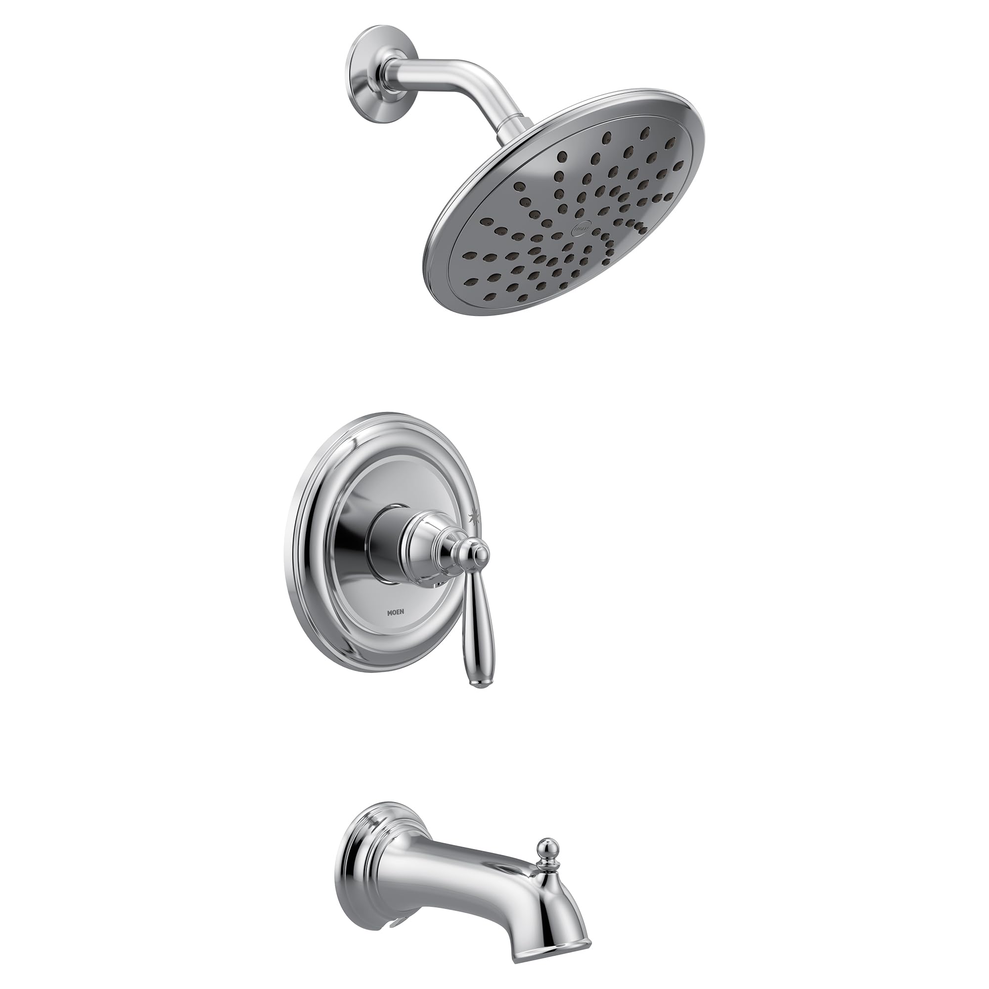Chrome tub and shower trim kit with single lever handle, overhead showerhead, curved arm, and tub spout.