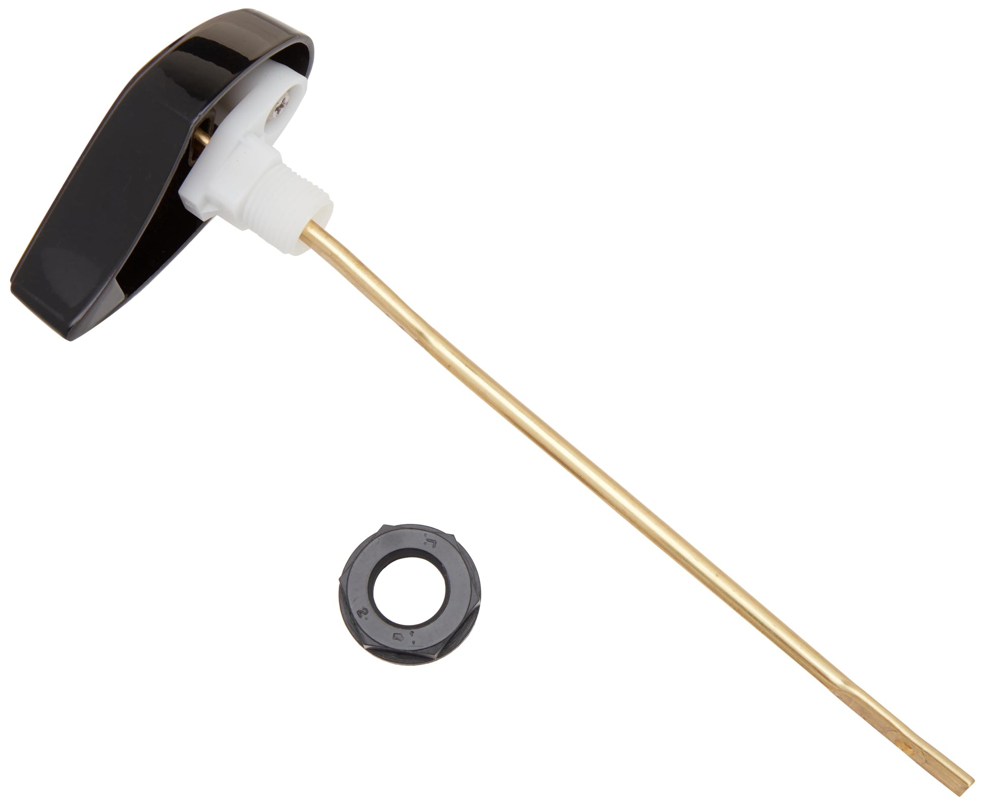 Black ebony trip lever for toilet tank with brass rod and white connector, includes mounting nut.
