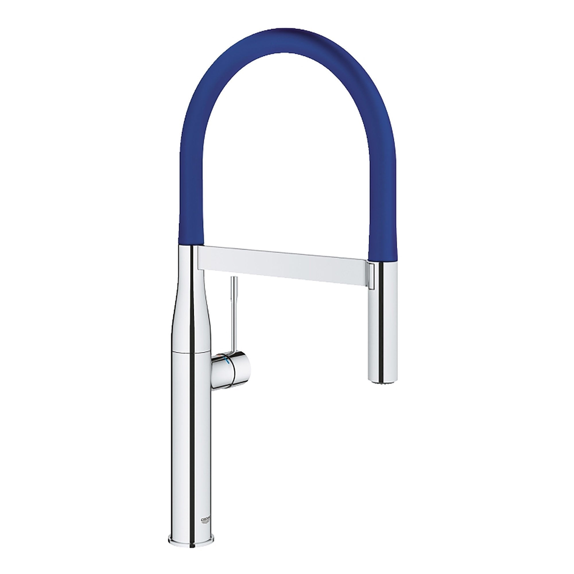 Chrome kitchen faucet with blue coiled hose and arched spout.
