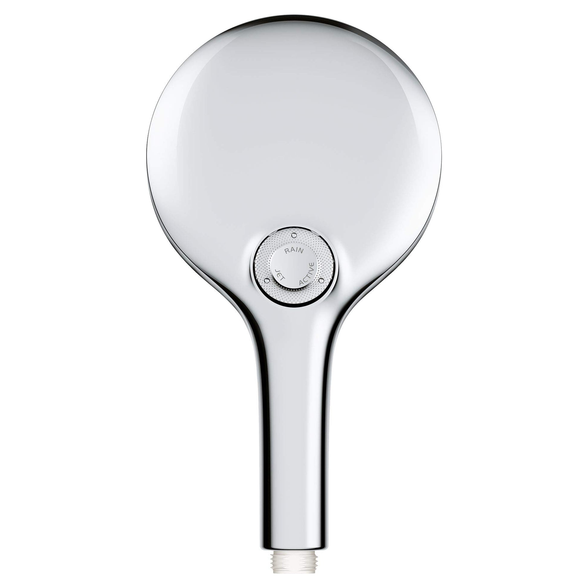Chrome hand shower with large circular head, narrow handle, and spray control dial labeled "RAIN."