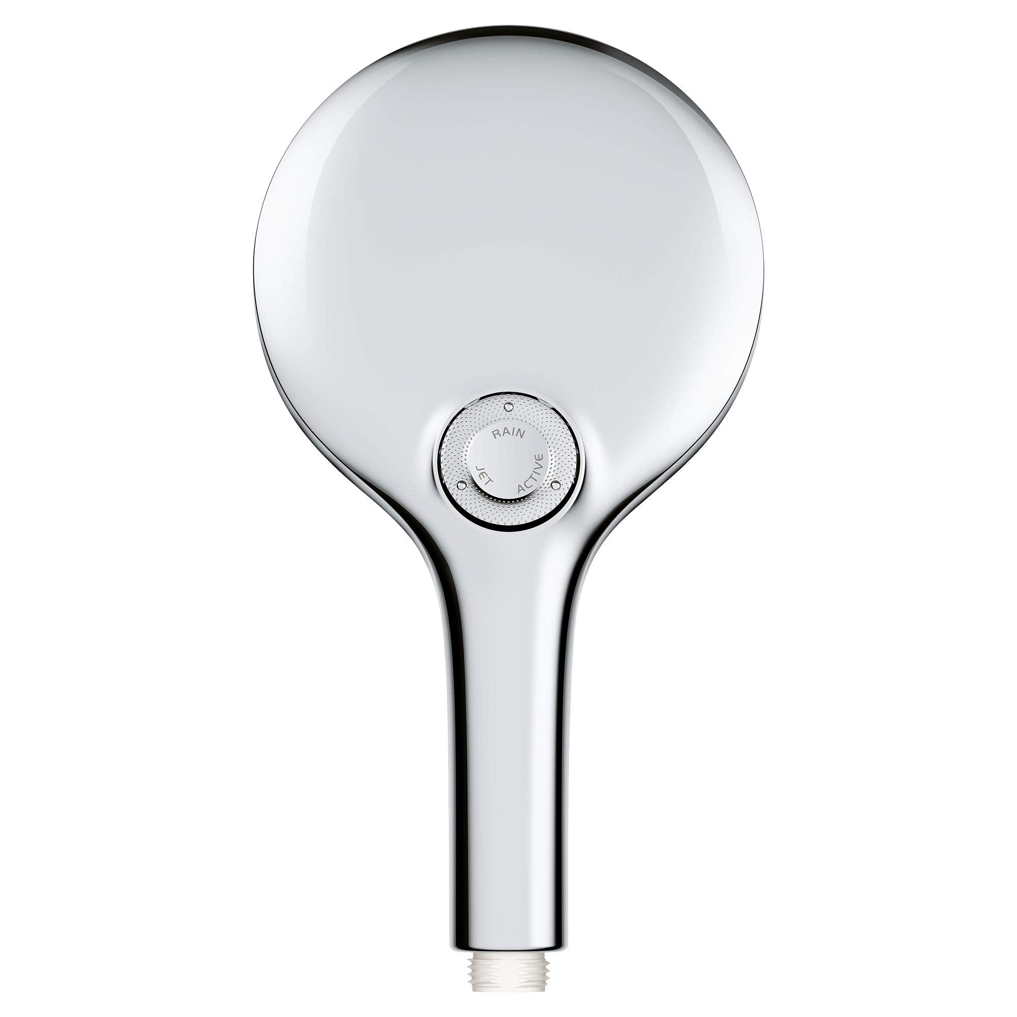 Chrome hand shower with large circular head, narrow handle, and spray control dial labeled "RAIN."