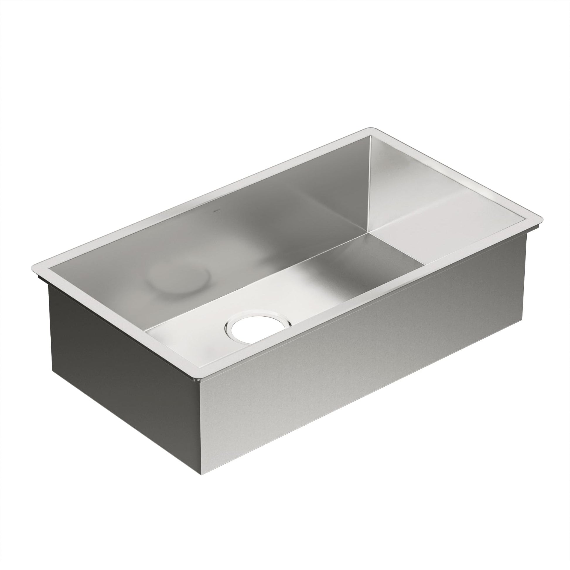 Stainless steel undermount kitchen sink with single bowl and drain hole, rectangular shape.