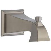 Stainless steel tub spout with curved tapered design and wall-mounted square flange.