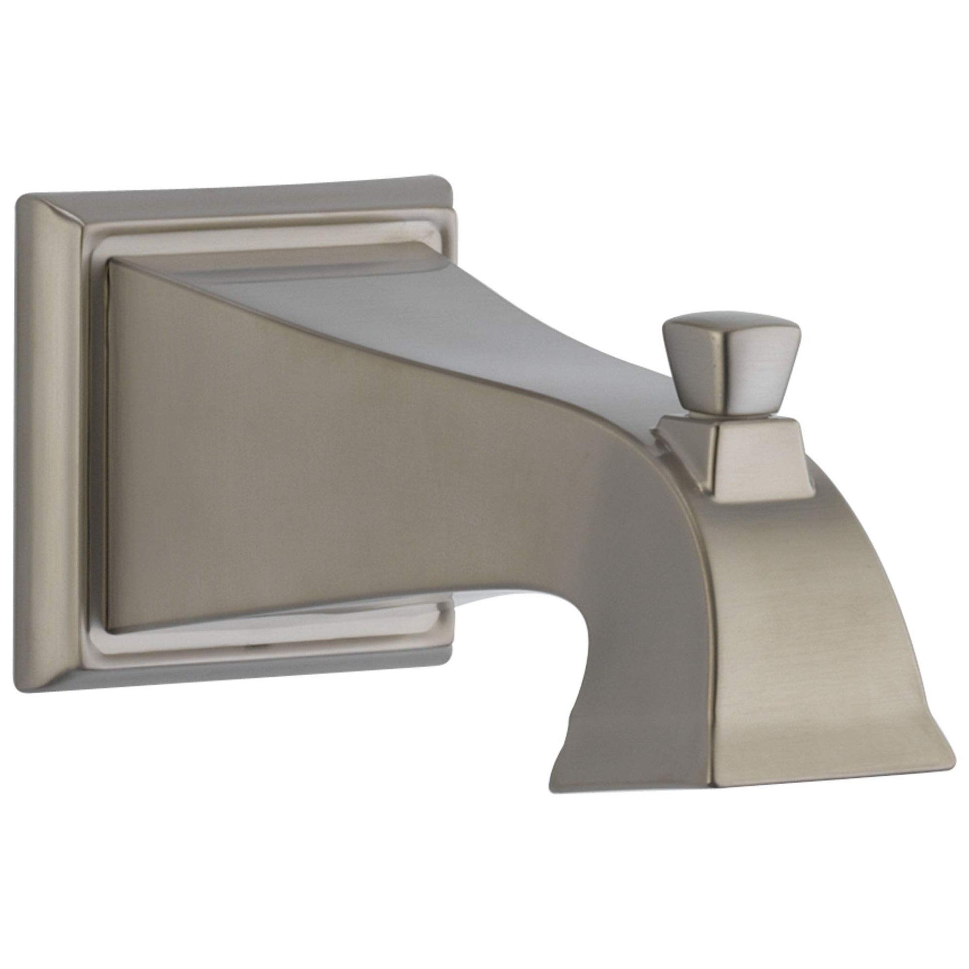 Stainless steel tub spout with curved tapered design and wall-mounted square flange.