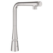 Grohe Zedra stainless steel pull-out kitchen faucet with high spout and textured handle grip.