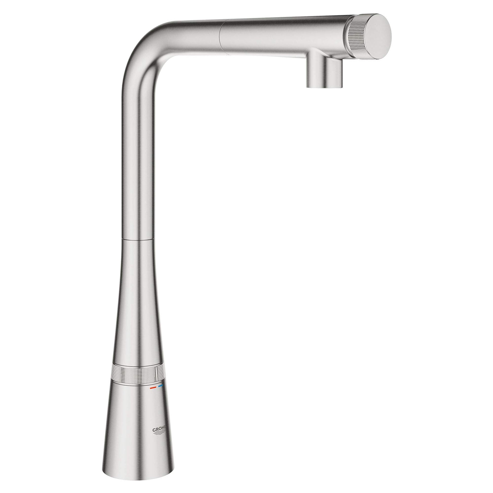 Grohe Zedra stainless steel pull-out kitchen faucet with high spout and textured handle grip.
