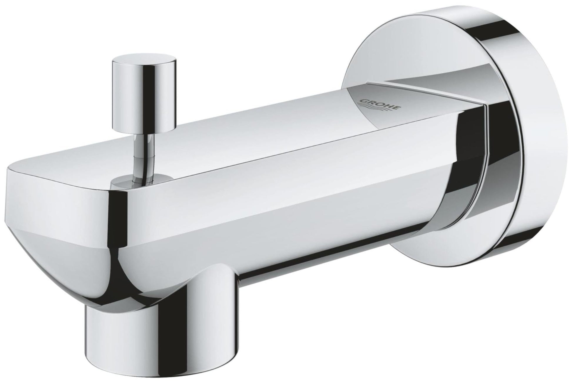 Chrome and matte black tub spout with cylindrical diverter handle and wall-mounted round flange.