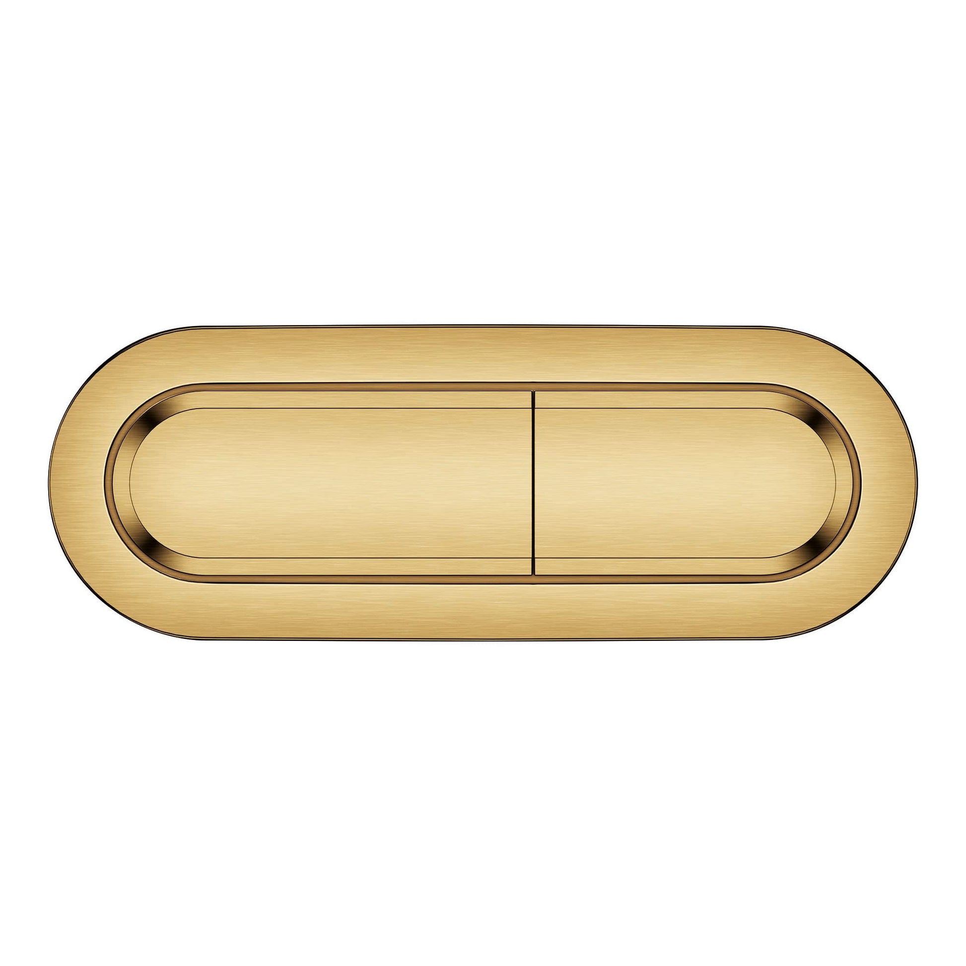 Brushed gold rectangular dual flush actuator with two vertical buttons for toilet tank control.