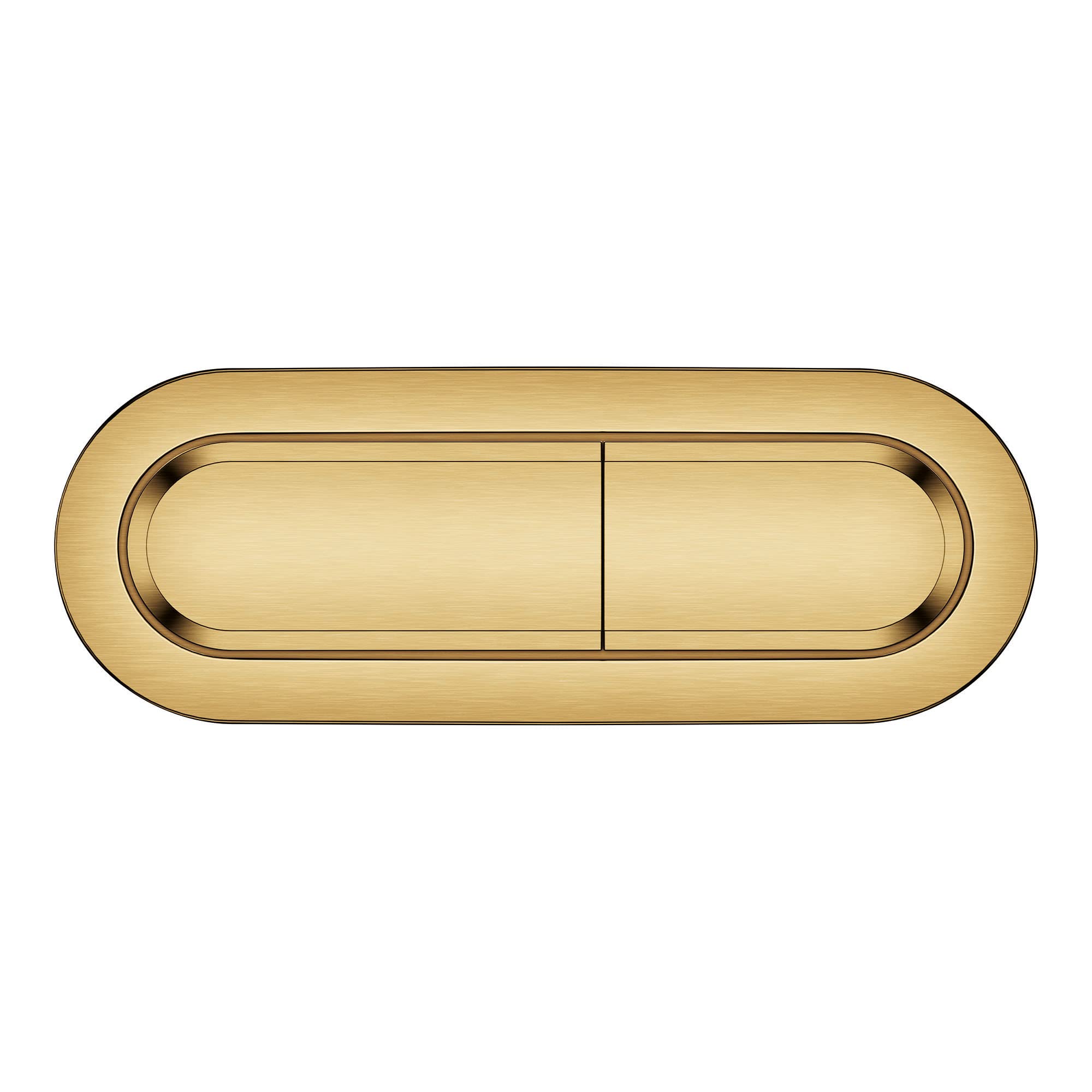 Brushed gold rectangular dual flush actuator with two vertical buttons for toilet tank control.
