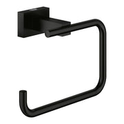 Matte black toilet paper holder with square wall mount and curved open ring design.