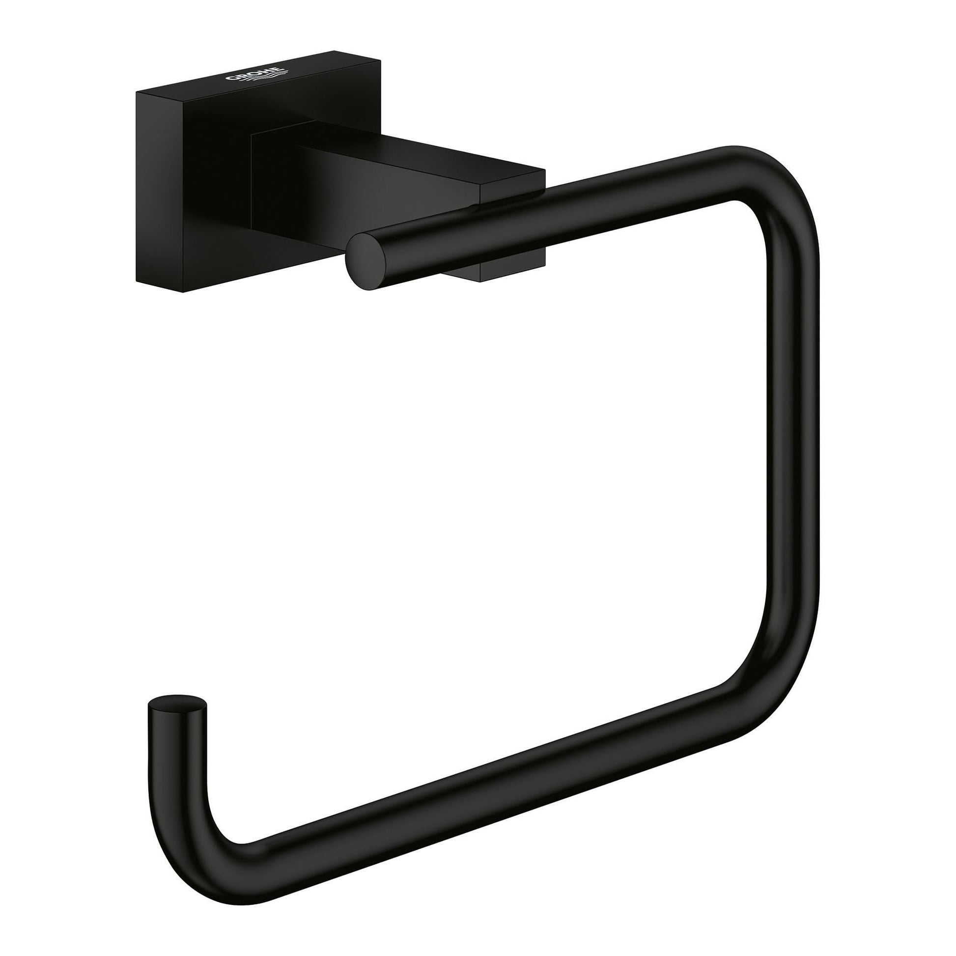 Matte black toilet paper holder with square wall mount and curved open ring design.