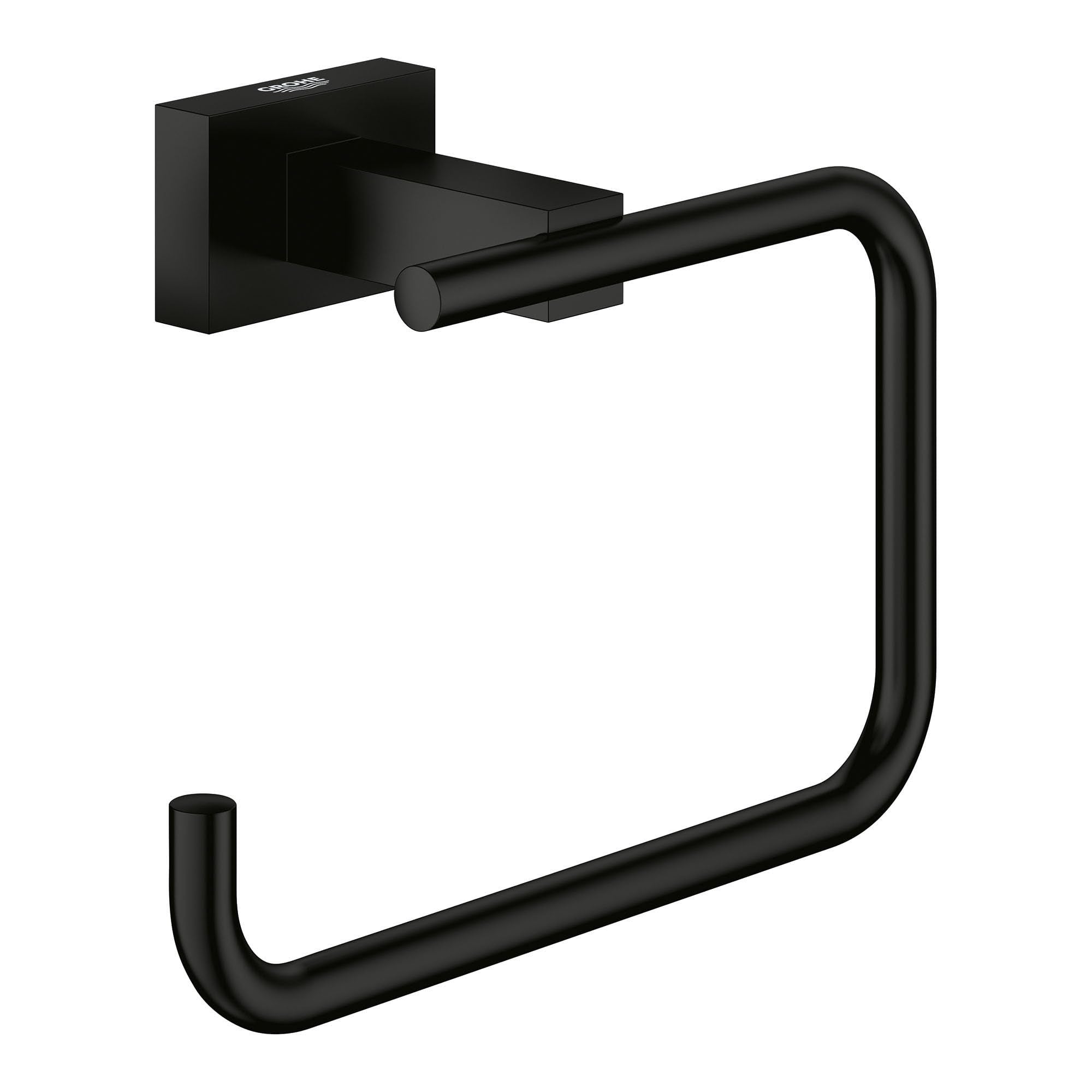 Matte black toilet paper holder with square wall mount and curved open ring design.