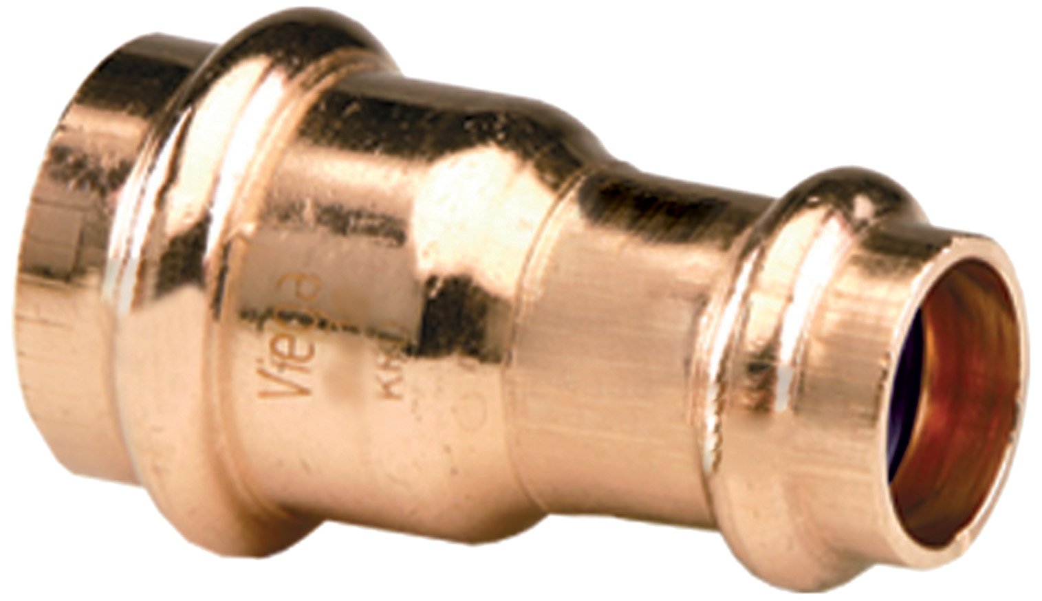 Copper press-fit reducer fitting with larger diameter on left side and smaller diameter on right side.