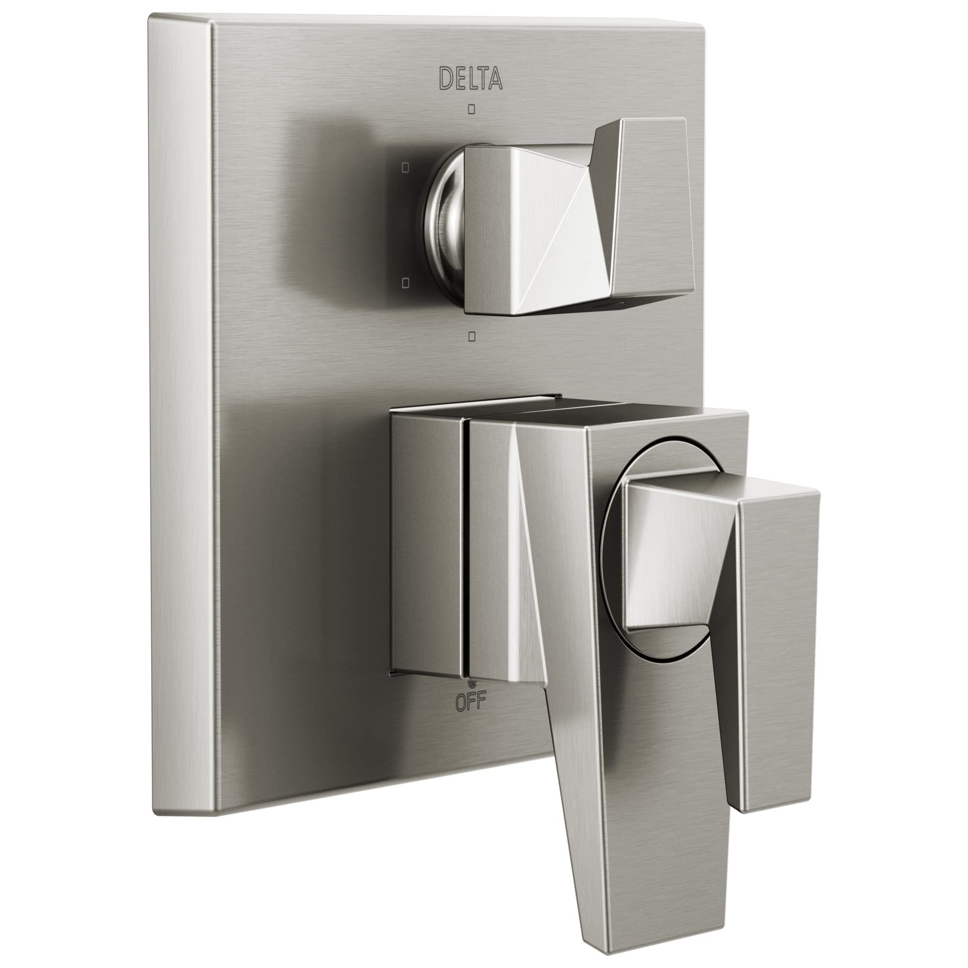 Brushed nickel Delta Trillian two-handle shower valve trim with diverter and geometric lever handles.