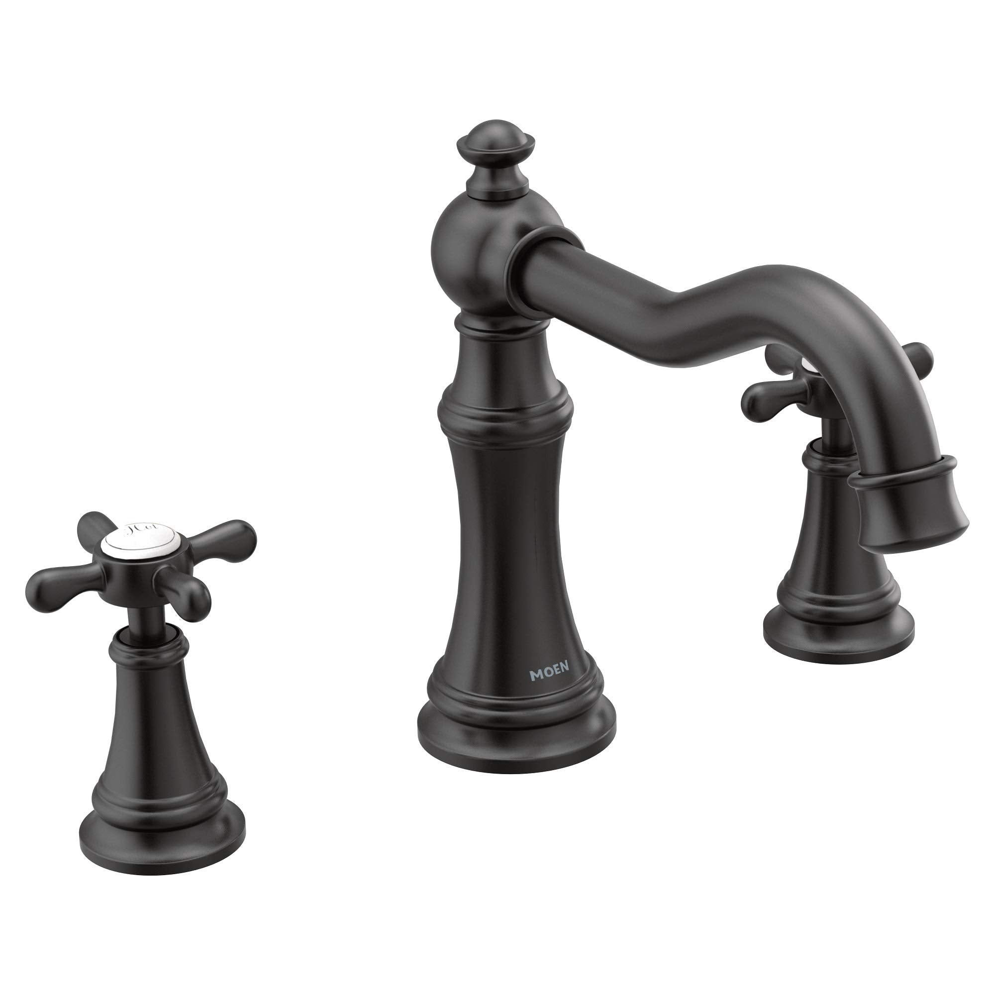 Moen Weymouth matte black roman tub faucet trim with two cross handles and curved spout.