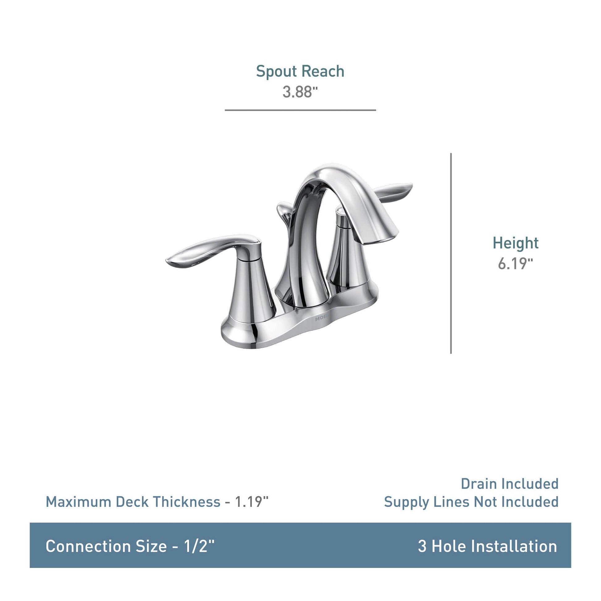Brushed nickel two-handle bathroom faucet with curved spout and lever handles, 6.19" height, 3.88" spout reach.