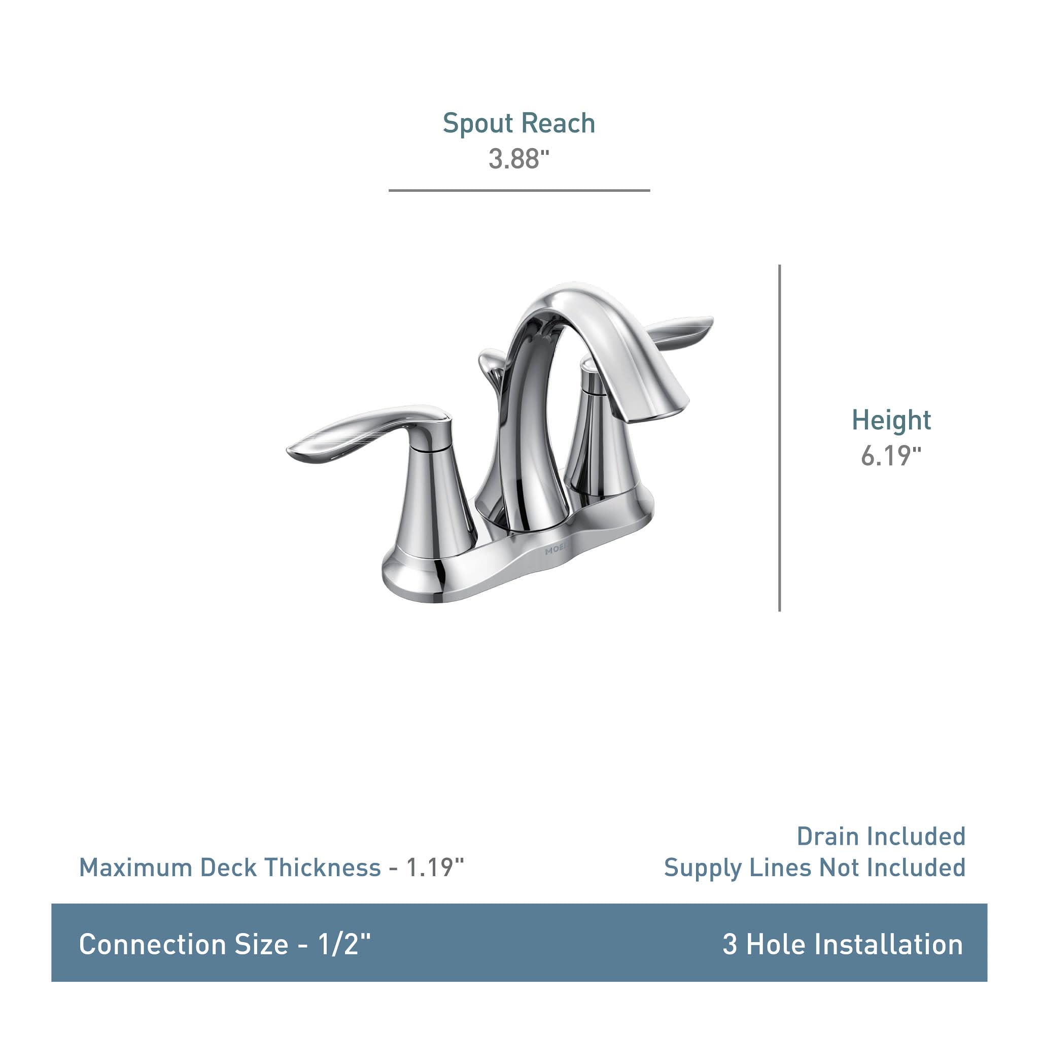 Brushed nickel two-handle bathroom faucet with curved spout and lever handles, 6.19" height, 3.88" spout reach.