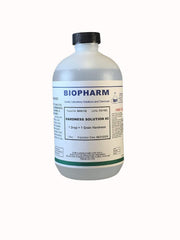 Clear plastic bottle with black screw cap containing colorless liquid labeled "Biopharm Hardness Solution #2" for laboratory 