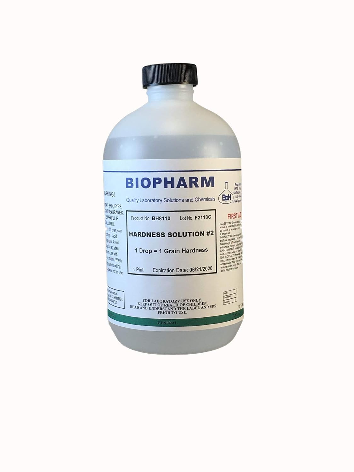Clear plastic bottle with black screw cap containing colorless liquid labeled "Biopharm Hardness Solution #2" for laboratory 
