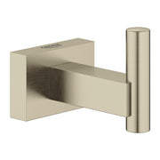 Brushed nickel robe hook with cubic wall mount and cylindrical hanging rod.