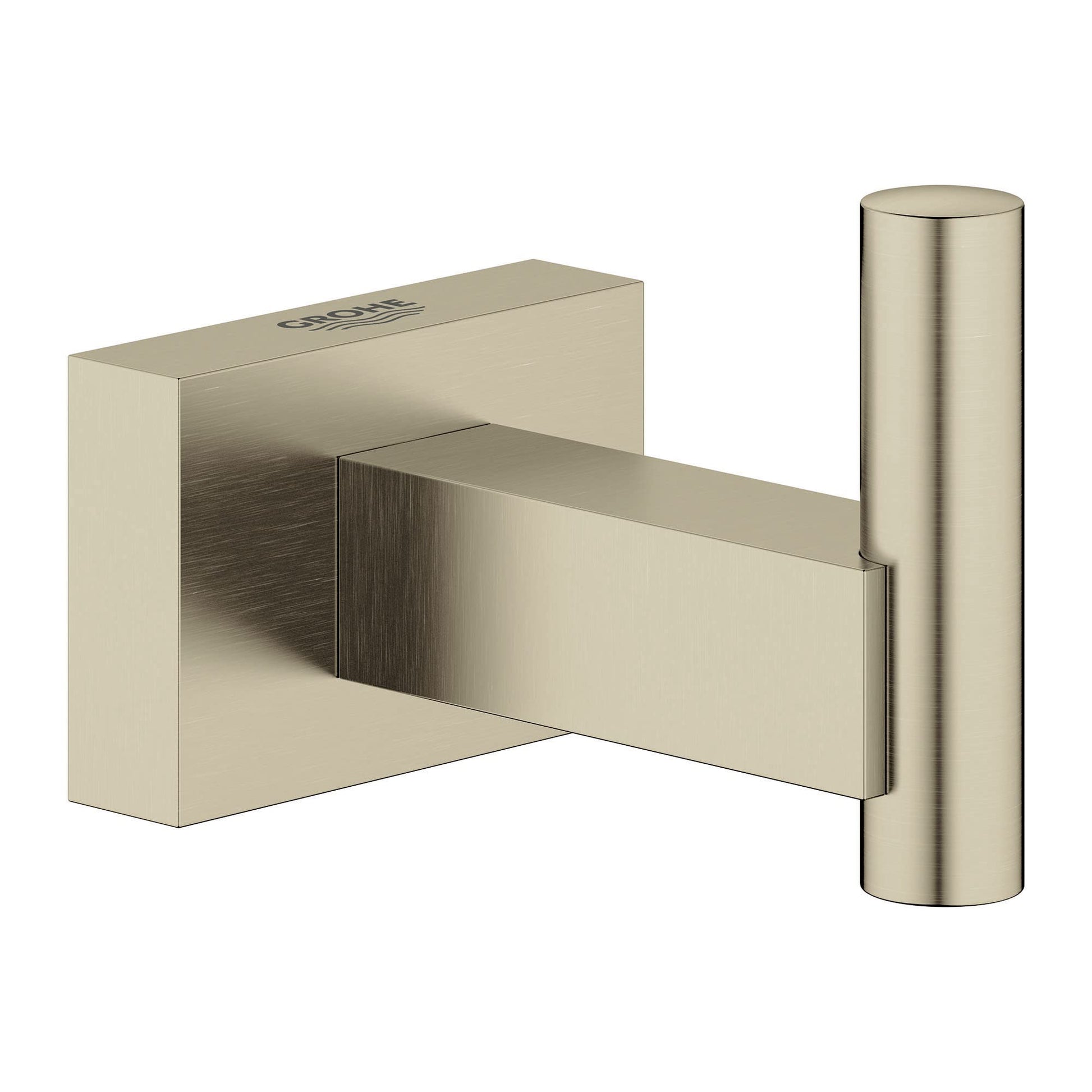 Brushed nickel robe hook with cubic wall mount and cylindrical hanging rod.