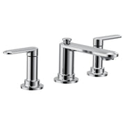 Chrome widespread bathroom sink faucet with two lever handles and cylindrical spout, three-hole mount configuration.