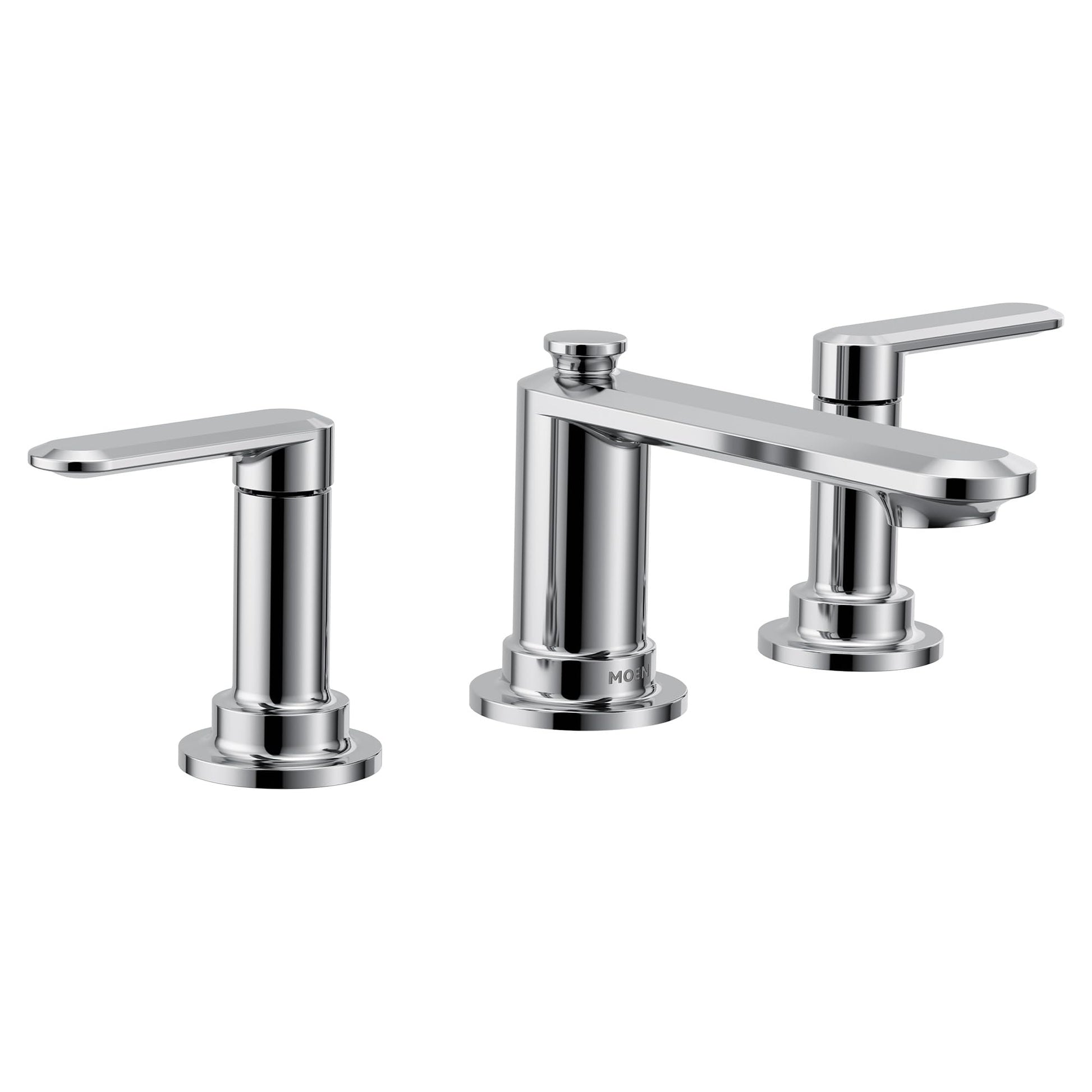 Chrome widespread bathroom sink faucet with two lever handles and cylindrical spout, three-hole mount configuration.