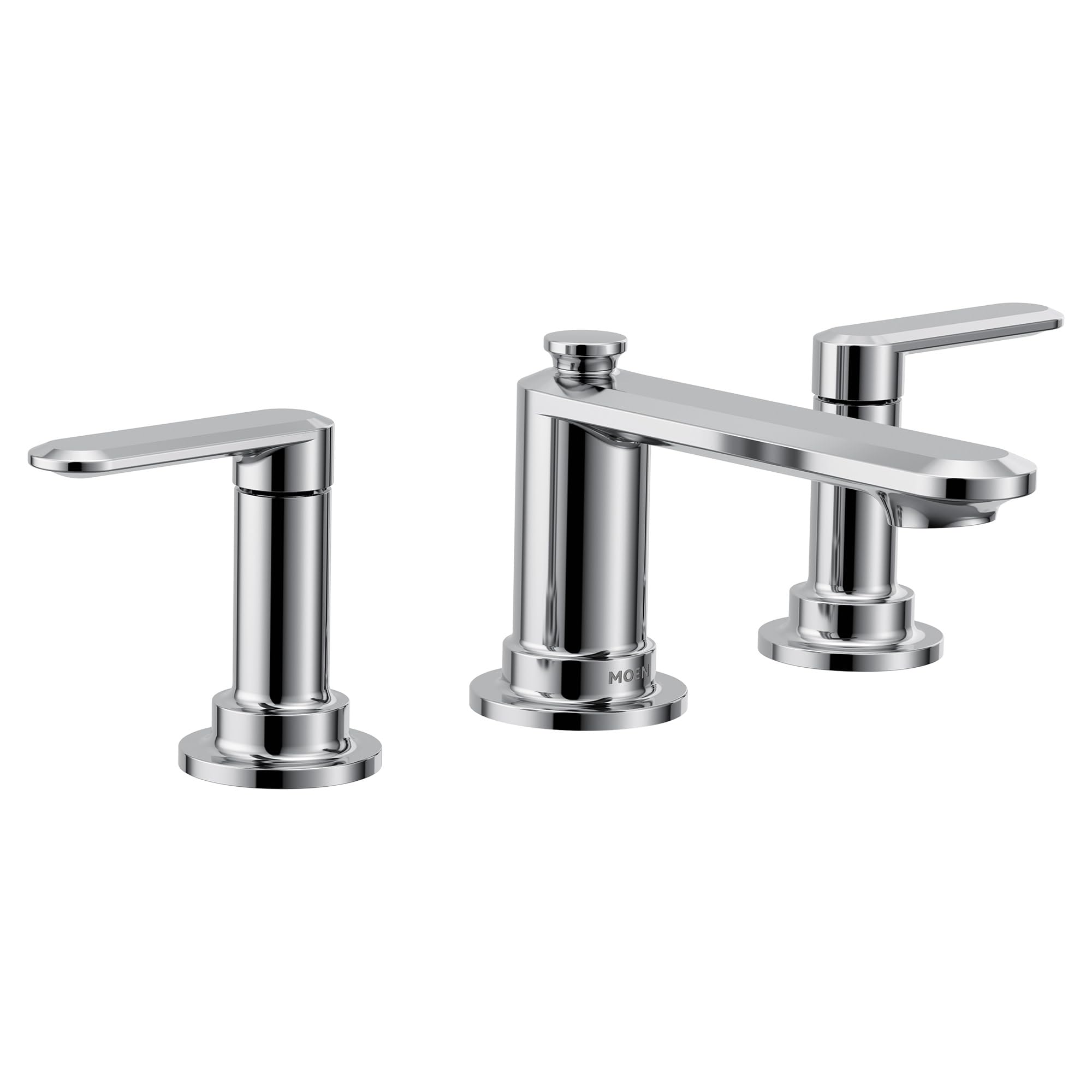 Chrome widespread bathroom sink faucet with two lever handles and cylindrical spout, three-hole mount configuration.
