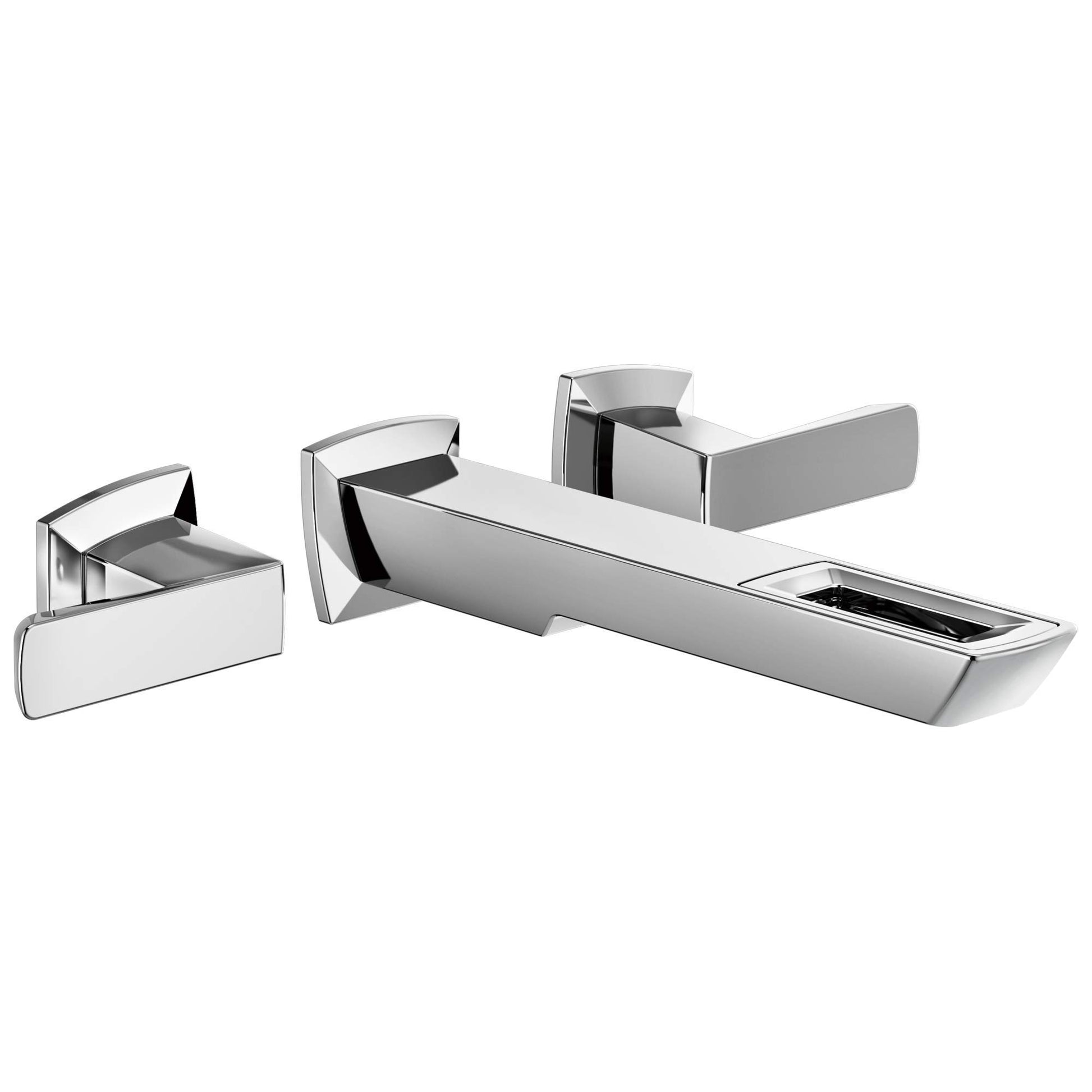 Chrome wall-mount bathroom faucet with two lever handles and rectangular spout with open basin.