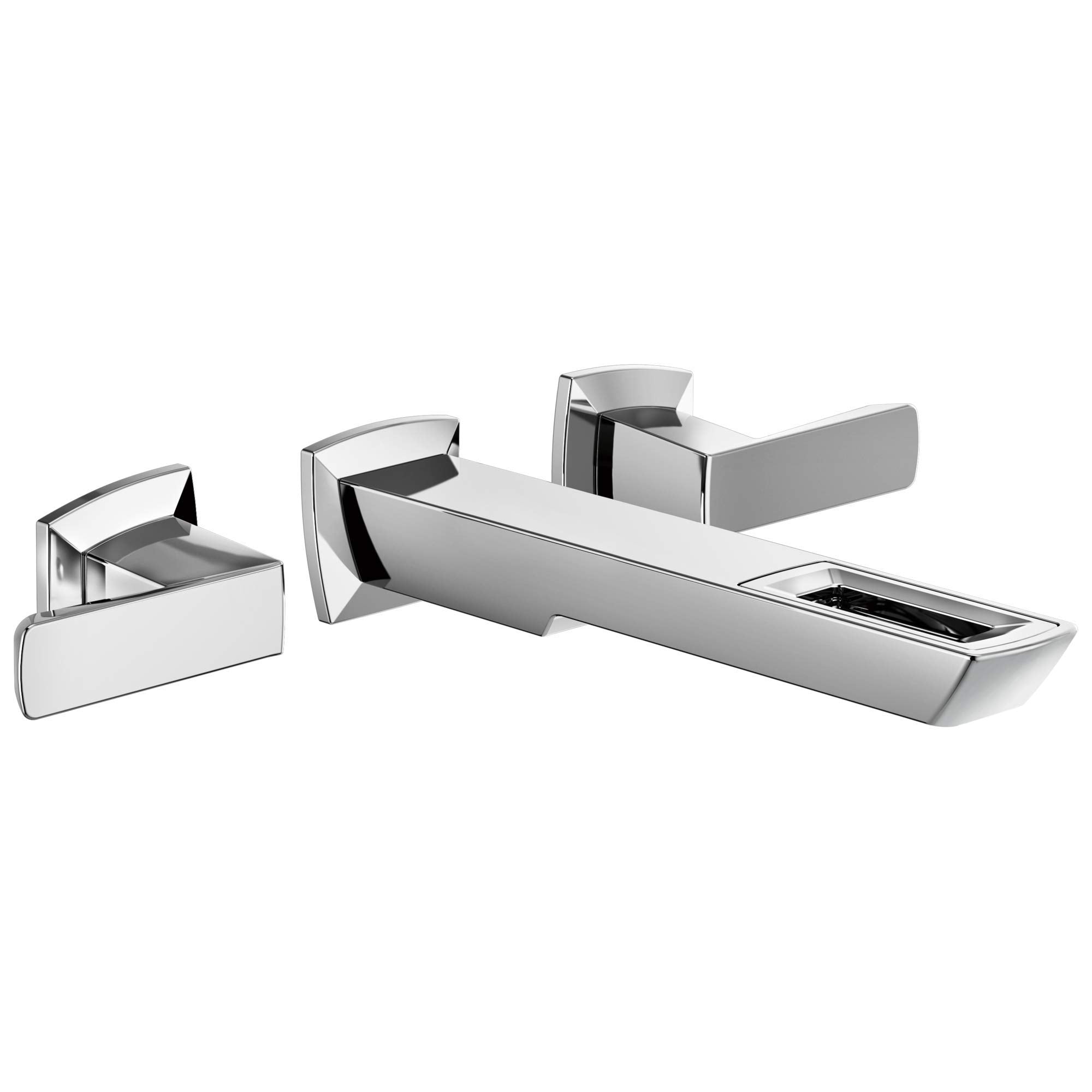 Chrome wall-mount bathroom faucet with two lever handles and rectangular spout with open basin.