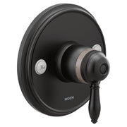 Moen Weymouth matte black thermostatic shower valve trim with round escutcheon and lever handle.