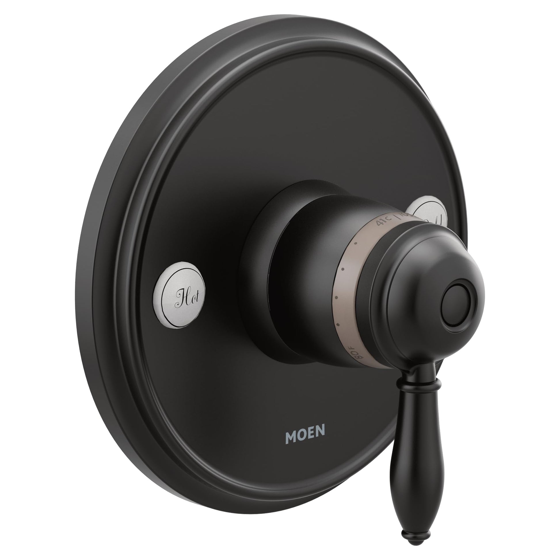 Moen Weymouth matte black thermostatic shower valve trim with round escutcheon and lever handle.