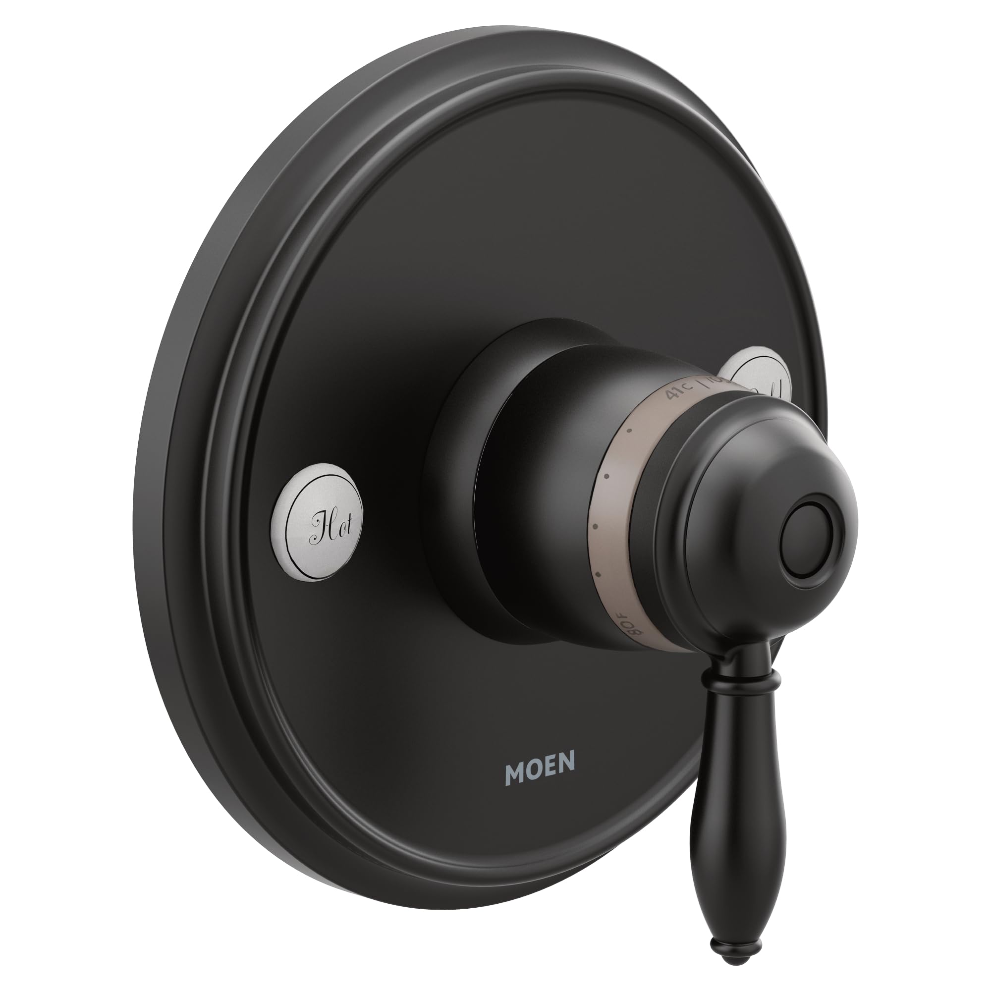 Moen Weymouth matte black thermostatic shower valve trim with round escutcheon and lever handle.