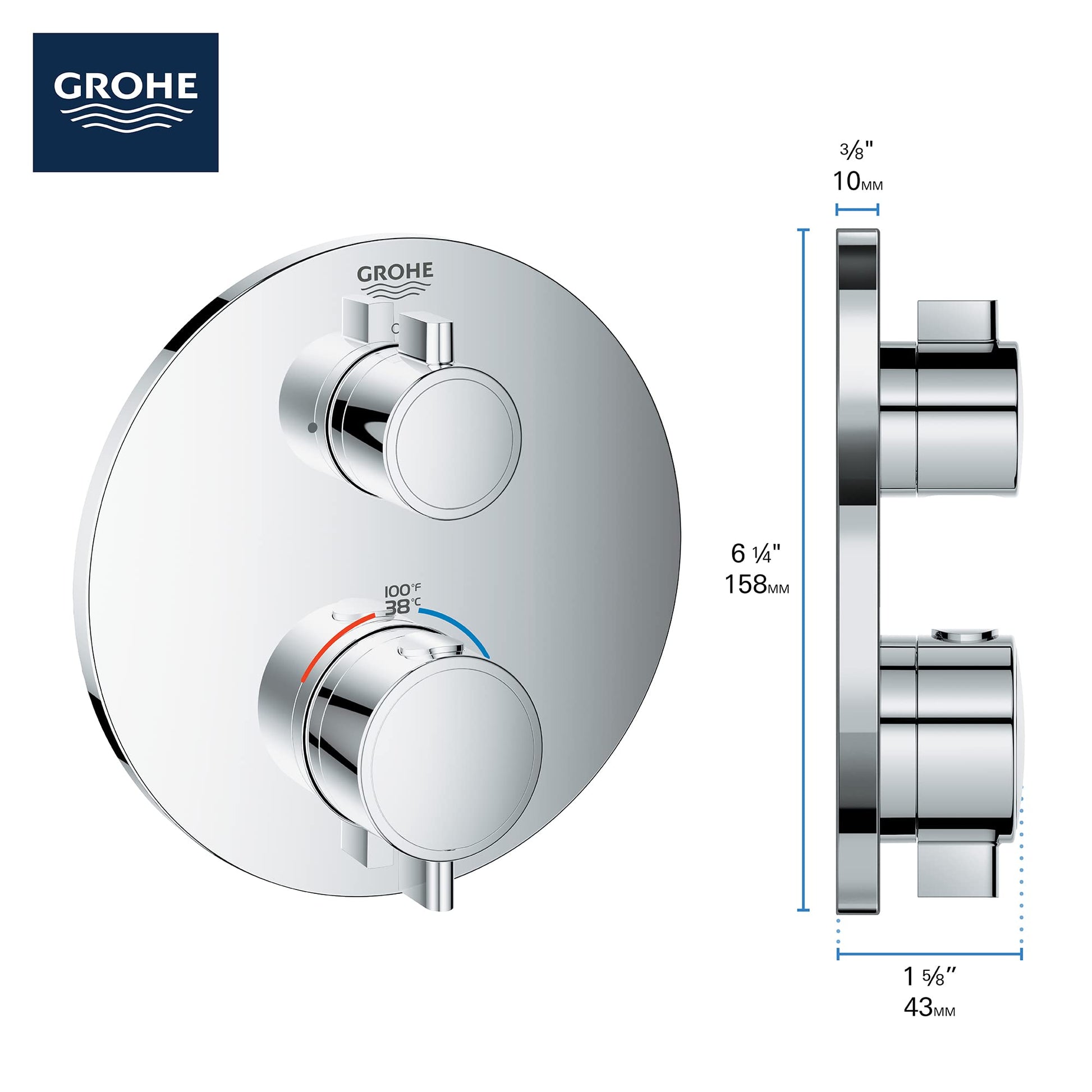 Grohe thermostatic valve trim with round chrome plate, two circular handles, and temperature dial showing 38°C setting.