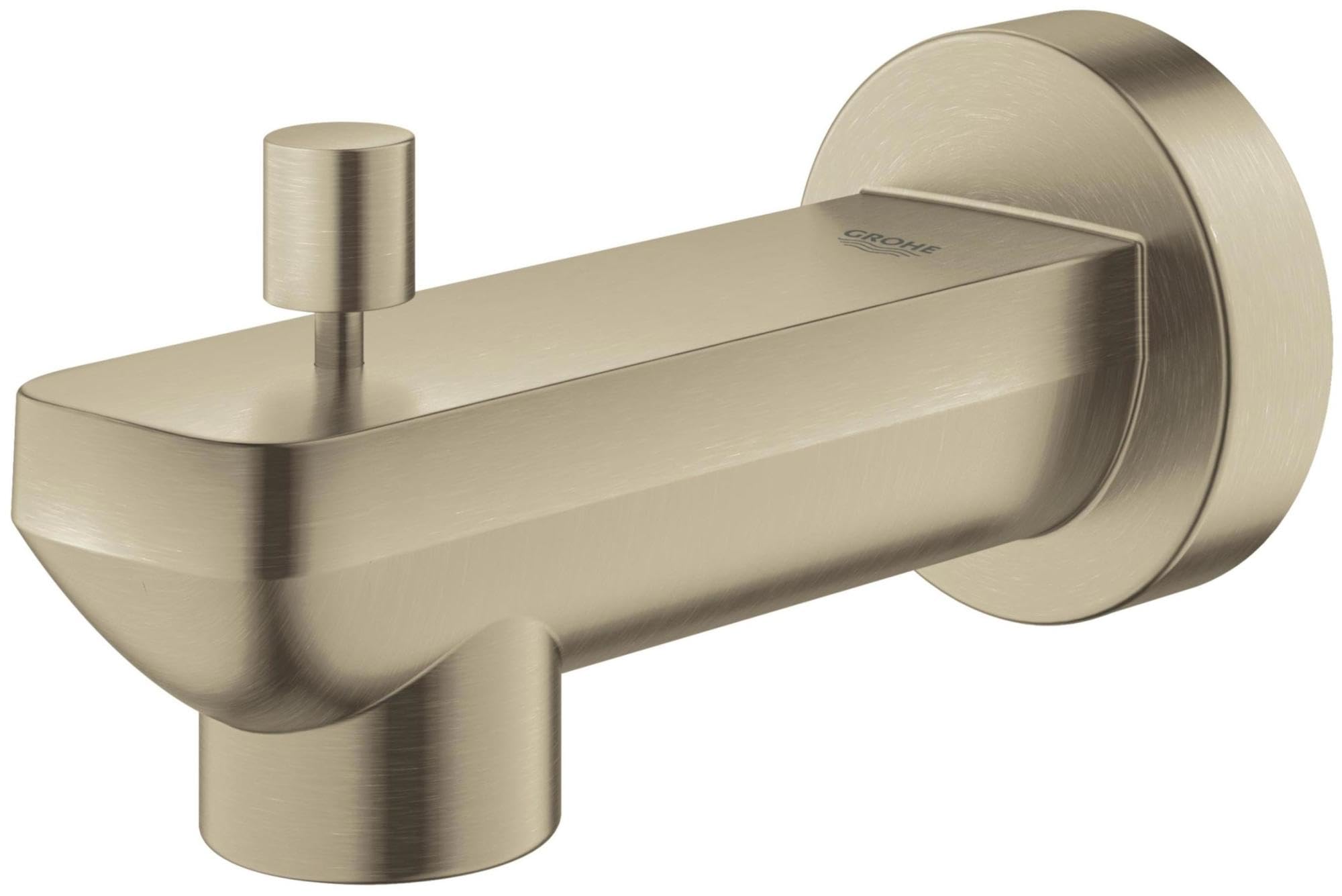 Grohe Lineare brushed nickel tub spout with diverter and cylindrical wall mount.