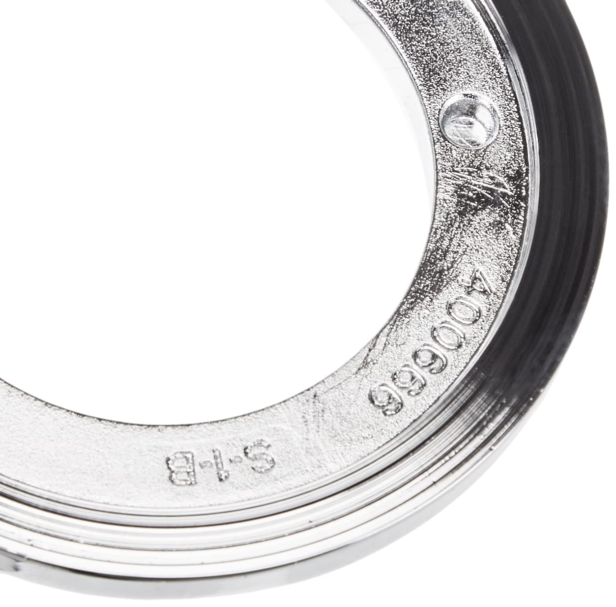Chrome circular escutcheon ring with part number 48165000 stamped on surface and black rubber gasket.