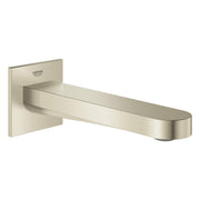 Brushed nickel tub spout with square wall plate and curved outlet, Grohe branding visible on mounting plate.