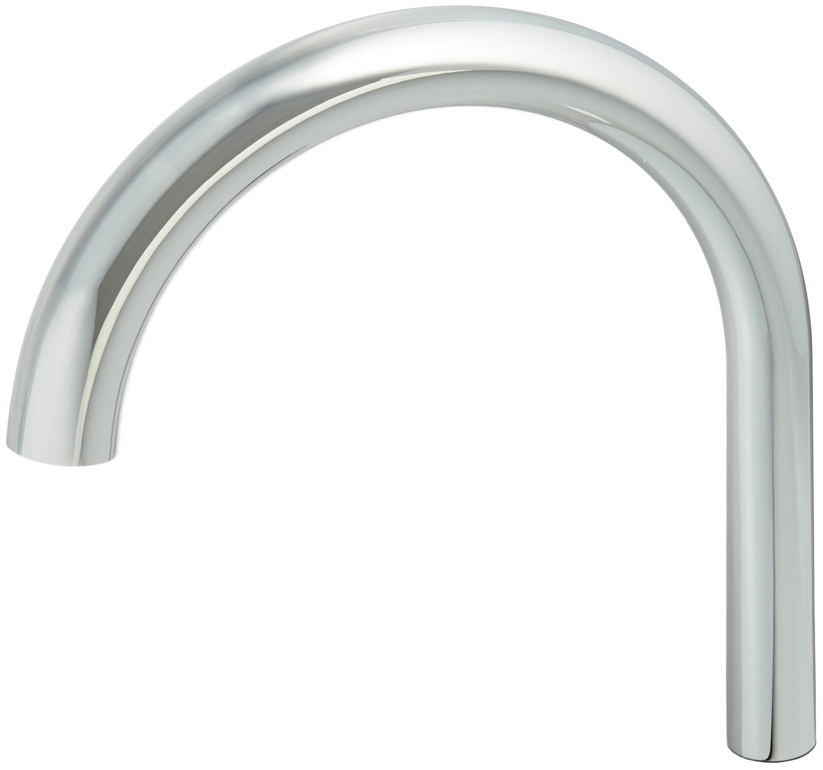 Chrome kitchen faucet spout with curved gooseneck design and rounded edges.